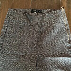 Dynamite slim-fit plaid check pants with zipper detail, size XS